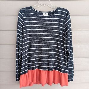 Betsys Boutique Shop Black With Whire Stripes & Ruffled Coral L/S Top. Sz L*